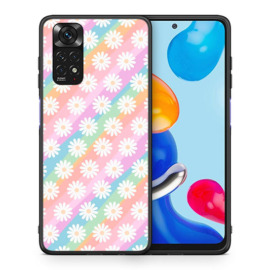 Θήκη Xiaomi Redmi Note 11 White Daisies από τη Smartfits με σχέδιο στο πίσω μέρος και μαύρο περίβλημα | Xiaomi Redmi Note 11 White Daisies case with colorful back and black bezels