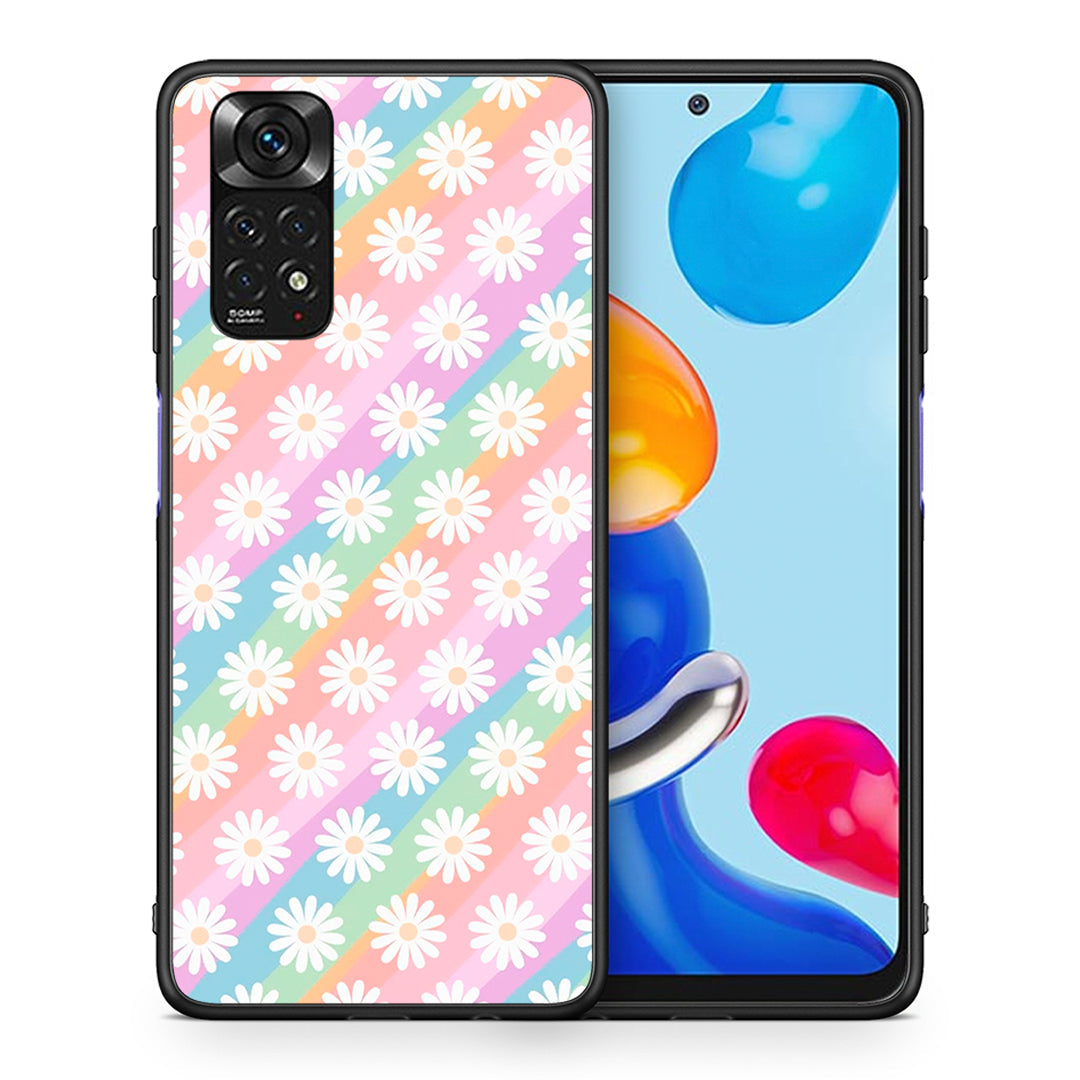 Θήκη Xiaomi Redmi Note 11 White Daisies από τη Smartfits με σχέδιο στο πίσω μέρος και μαύρο περίβλημα | Xiaomi Redmi Note 11 White Daisies case with colorful back and black bezels