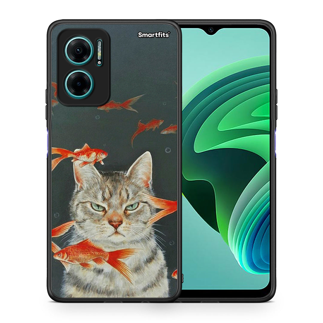 Θήκη Xiaomi Redmi Note 11E Cat Goldfish από τη Smartfits με σχέδιο στο πίσω μέρος και μαύρο περίβλημα | Xiaomi Redmi Note 11E Cat Goldfish case with colorful back and black bezels