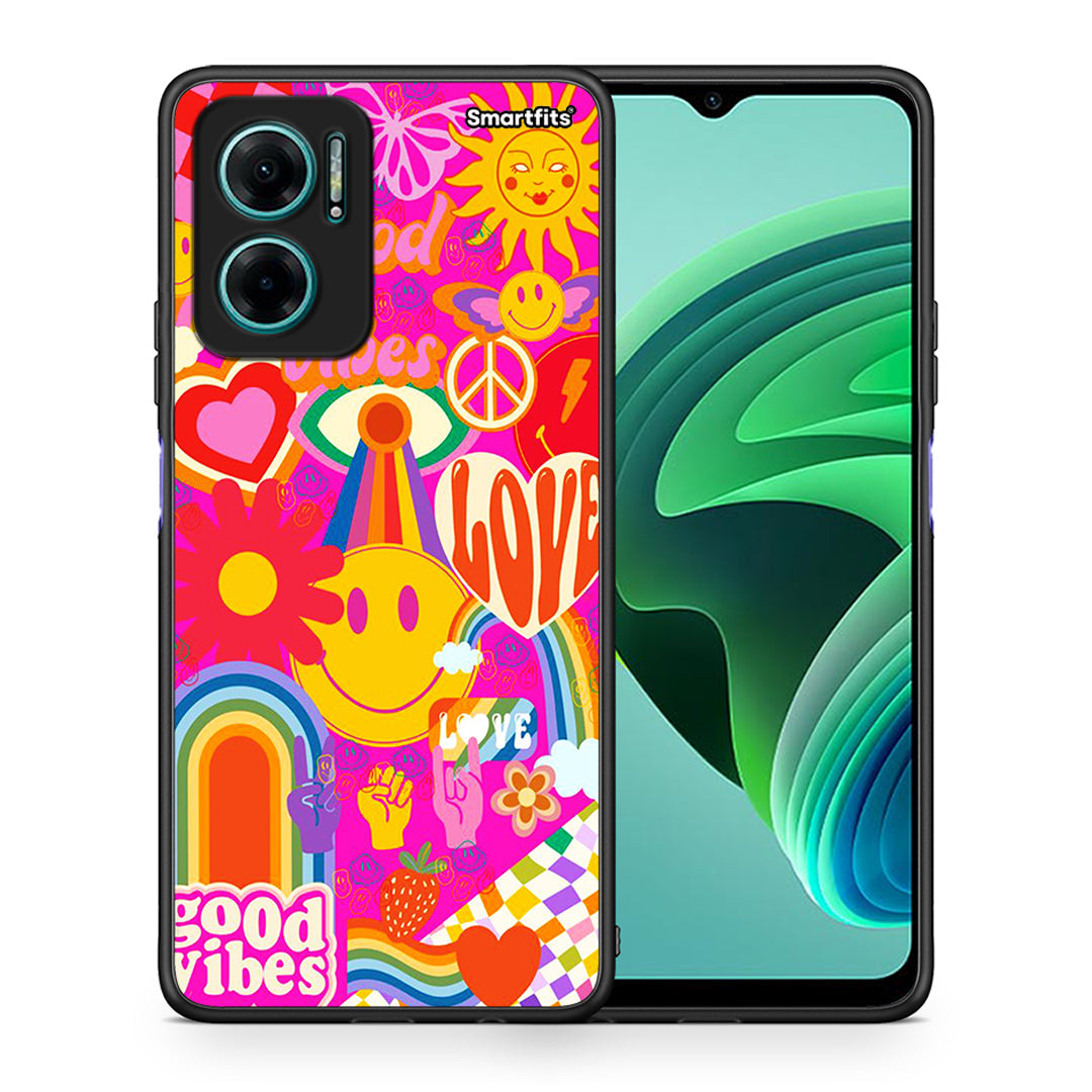 Θήκη Xiaomi Redmi Note 11E Hippie Love από τη Smartfits με σχέδιο στο πίσω μέρος και μαύρο περίβλημα | Xiaomi Redmi Note 11E Hippie Love case with colorful back and black bezels