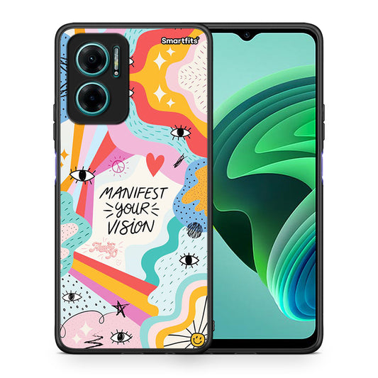 Θήκη Xiaomi Redmi Note 11E Manifest Your Vision από τη Smartfits με σχέδιο στο πίσω μέρος και μαύρο περίβλημα | Xiaomi Redmi Note 11E Manifest Your Vision case with colorful back and black bezels