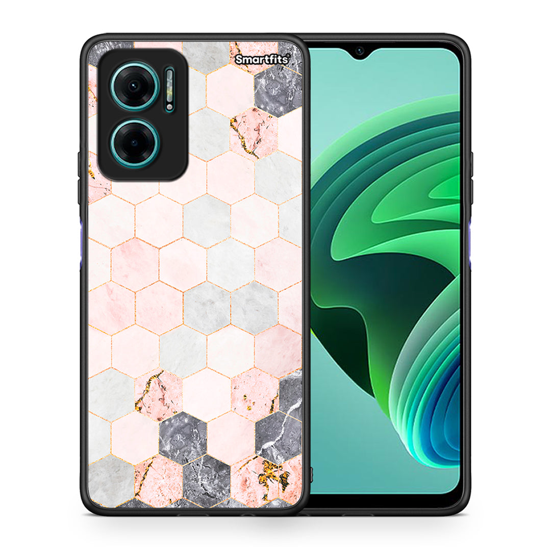 Θήκη Xiaomi Redmi Note 11E Hexagon Pink Marble από τη Smartfits με σχέδιο στο πίσω μέρος και μαύρο περίβλημα | Xiaomi Redmi Note 11E Hexagon Pink Marble case with colorful back and black bezels