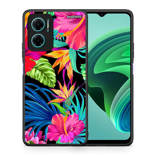 Θήκη Xiaomi Redmi Note 11E Tropical Flowers από τη Smartfits με σχέδιο στο πίσω μέρος και μαύρο περίβλημα | Xiaomi Redmi Note 11E Tropical Flowers case with colorful back and black bezels
