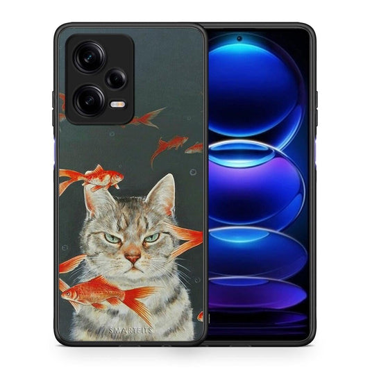 Θήκη Xiaomi Redmi Note 12 Pro 5G Cat Goldfish από τη Smartfits με σχέδιο στο πίσω μέρος και μαύρο περίβλημα | Xiaomi Redmi Note 12 Pro 5G Cat Goldfish Case with Colorful Back and Black Bezels