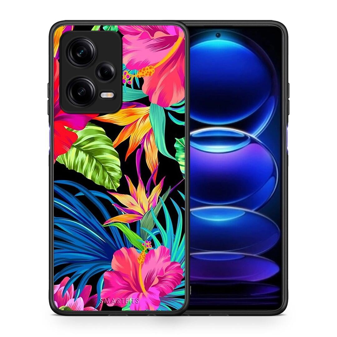 Θήκη Xiaomi Redmi Note 12 Pro 5G Tropical Flowers από τη Smartfits με σχέδιο στο πίσω μέρος και μαύρο περίβλημα | Xiaomi Redmi Note 12 Pro 5G Tropical Flowers Case with Colorful Back and Black Bezels