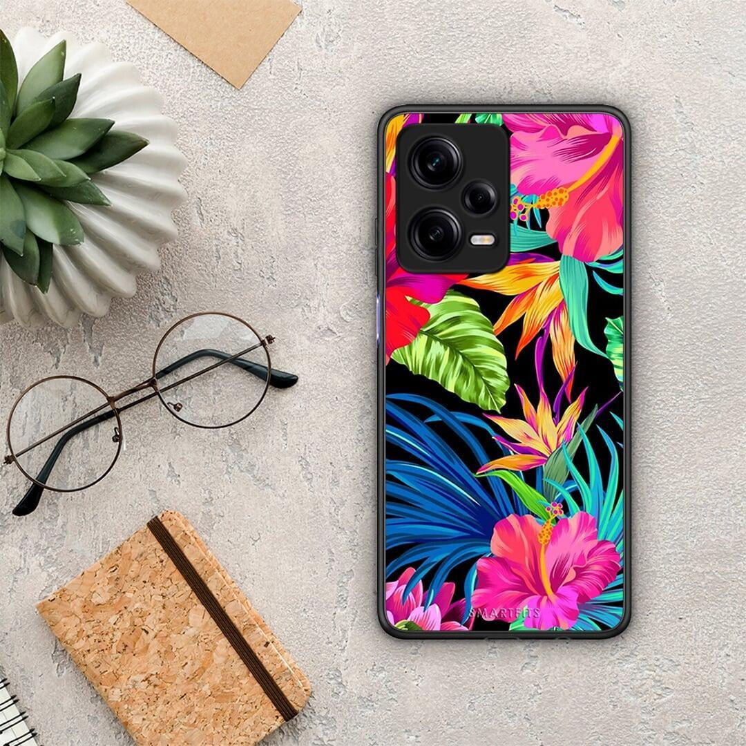 Θήκη Xiaomi Redmi Note 12 Pro 5G Tropical Flowers από τη Smartfits με σχέδιο στο πίσω μέρος και μαύρο περίβλημα | Xiaomi Redmi Note 12 Pro 5G Tropical Flowers Case with Colorful Back and Black Bezels