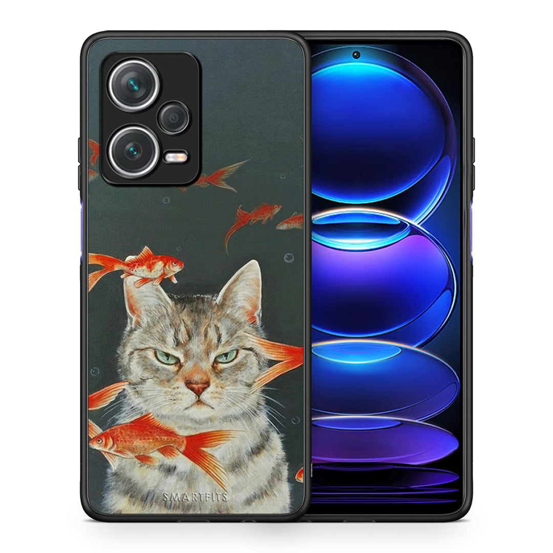 Θήκη Xiaomi Redmi Note 12 Pro+ / 12 Pro Discovery Cat Goldfish από τη Smartfits με σχέδιο στο πίσω μέρος και μαύρο περίβλημα | Xiaomi Redmi Note 12 Pro+ / 12 Pro Discovery Cat Goldfish case with colorful back and black bezels