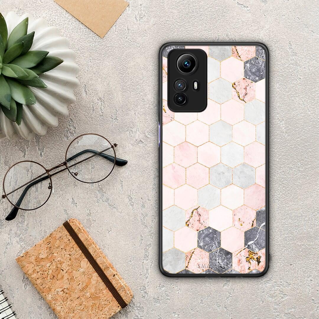 Θήκη Xiaomi Redmi Note 12S / Redmi K60 Pro Marble Hexagon Pink από τη Smartfits με σχέδιο στο πίσω μέρος και μαύρο περίβλημα | Xiaomi Redmi Note 12S / Redmi K60 Pro Marble Hexagon Pink Case with Colorful Back and Black Bezels