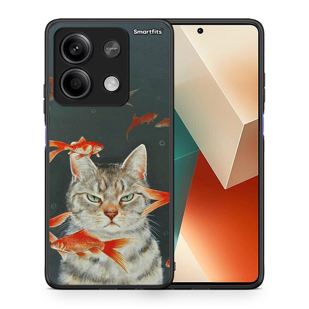 Θήκη Xiaomi Redmi Note 13 5G Cat Goldfish από τη Smartfits με σχέδιο στο πίσω μέρος και μαύρο περίβλημα | Xiaomi Redmi Note 13 5G Cat Goldfish case with colorful back and black bezels