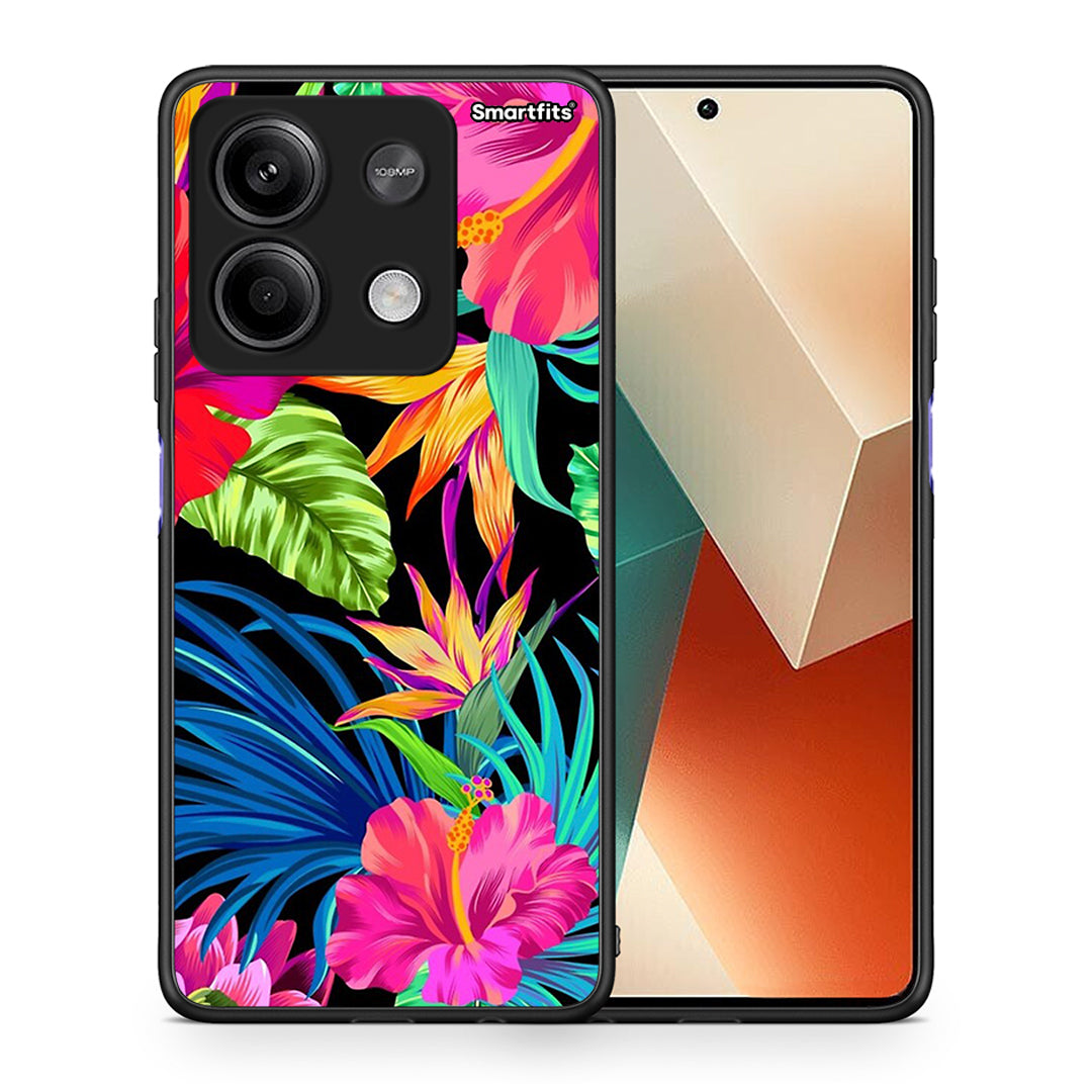 Θήκη Xiaomi Redmi Note 13 5G Tropical Flowers από τη Smartfits με σχέδιο στο πίσω μέρος και μαύρο περίβλημα | Xiaomi Redmi Note 13 5G Tropical Flowers case with colorful back and black bezels