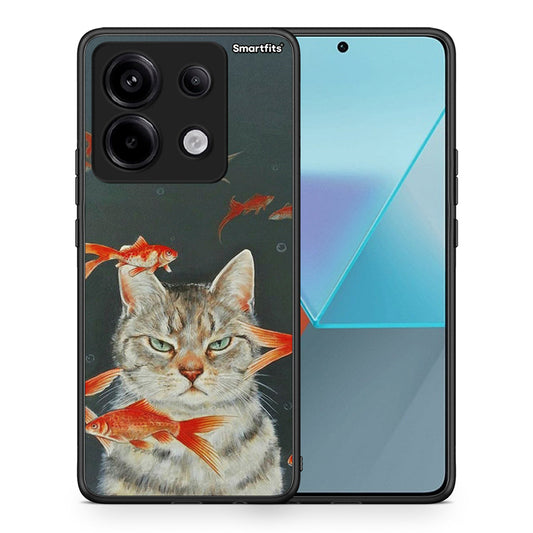 Θήκη Xiaomi Redmi Note 13 Pro 5G Cat Goldfish από τη Smartfits με σχέδιο στο πίσω μέρος και μαύρο περίβλημα | Xiaomi Redmi Note 13 Pro 5G Cat Goldfish case with colorful back and black bezels