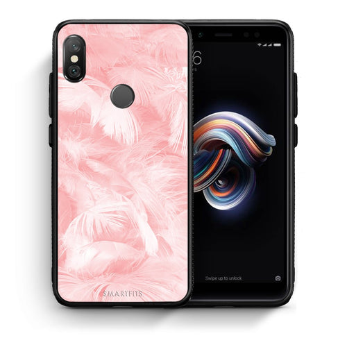 Θήκη Xiaomi Redmi Note 5 Pink Feather Boho από τη Smartfits με σχέδιο στο πίσω μέρος και μαύρο περίβλημα | Xiaomi Redmi Note 5 Pink Feather Boho case with colorful back and black bezels