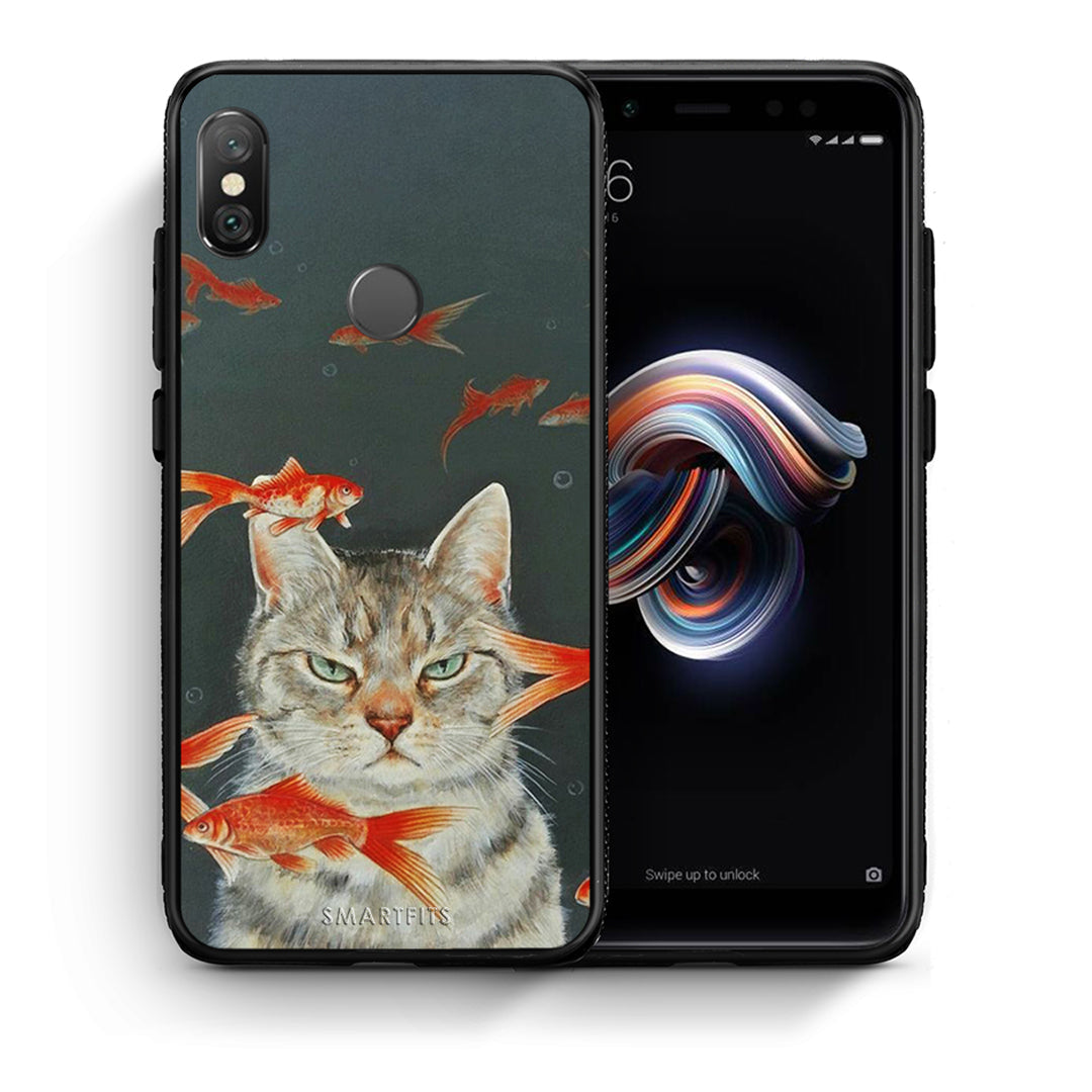 Θήκη Xiaomi Redmi Note 5 Cat Goldfish από τη Smartfits με σχέδιο στο πίσω μέρος και μαύρο περίβλημα | Xiaomi Redmi Note 5 Cat Goldfish case with colorful back and black bezels