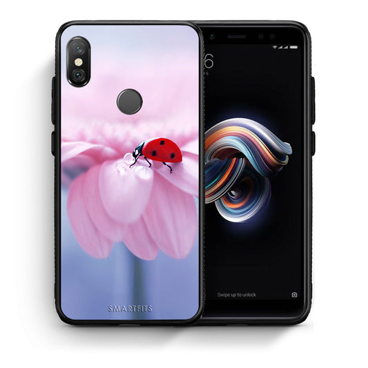 Θήκη Xiaomi Redmi Note 5 Ladybug Flower από τη Smartfits με σχέδιο στο πίσω μέρος και μαύρο περίβλημα | Xiaomi Redmi Note 5 Ladybug Flower case with colorful back and black bezels