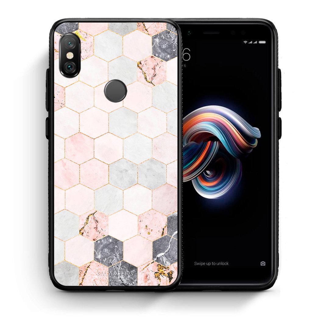 Θήκη Xiaomi Redmi Note 5 Hexagon Pink Marble από τη Smartfits με σχέδιο στο πίσω μέρος και μαύρο περίβλημα | Xiaomi Redmi Note 5 Hexagon Pink Marble case with colorful back and black bezels