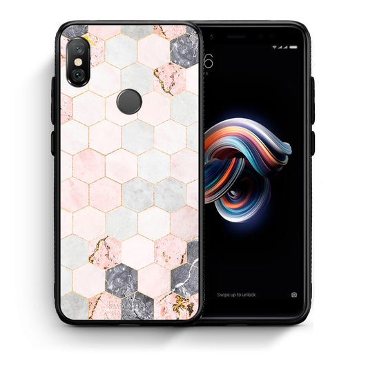 Θήκη Xiaomi Redmi Note 5 Hexagon Pink Marble από τη Smartfits με σχέδιο στο πίσω μέρος και μαύρο περίβλημα | Xiaomi Redmi Note 5 Hexagon Pink Marble case with colorful back and black bezels