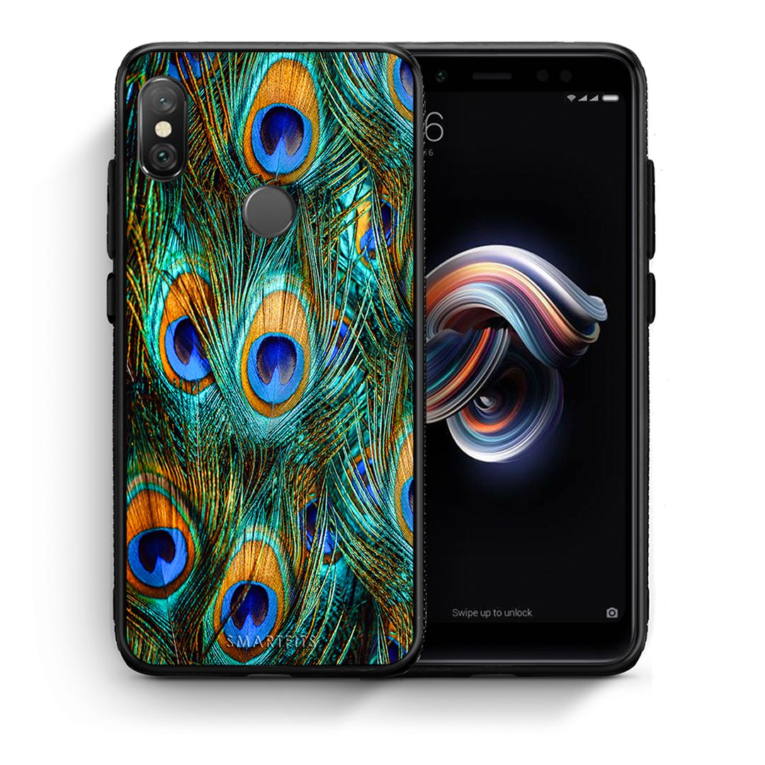 Θήκη Xiaomi Redmi Note 5 Real Peacock Feathers από τη Smartfits με σχέδιο στο πίσω μέρος και μαύρο περίβλημα | Xiaomi Redmi Note 5 Real Peacock Feathers case with colorful back and black bezels