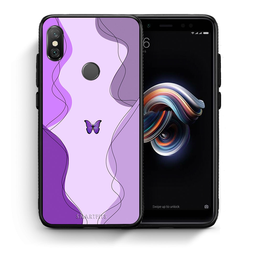 Θήκη Αγίου Βαλεντίνου Xiaomi Redmi Note 5 Purple Mariposa από τη Smartfits με σχέδιο στο πίσω μέρος και μαύρο περίβλημα | Xiaomi Redmi Note 5 Purple Mariposa case with colorful back and black bezels