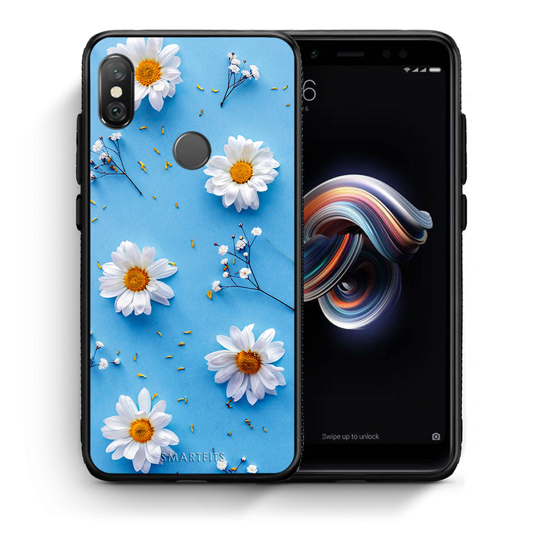Θήκη Xiaomi Redmi Note 5 Real Daisies από τη Smartfits με σχέδιο στο πίσω μέρος και μαύρο περίβλημα | Xiaomi Redmi Note 5 Real Daisies case with colorful back and black bezels