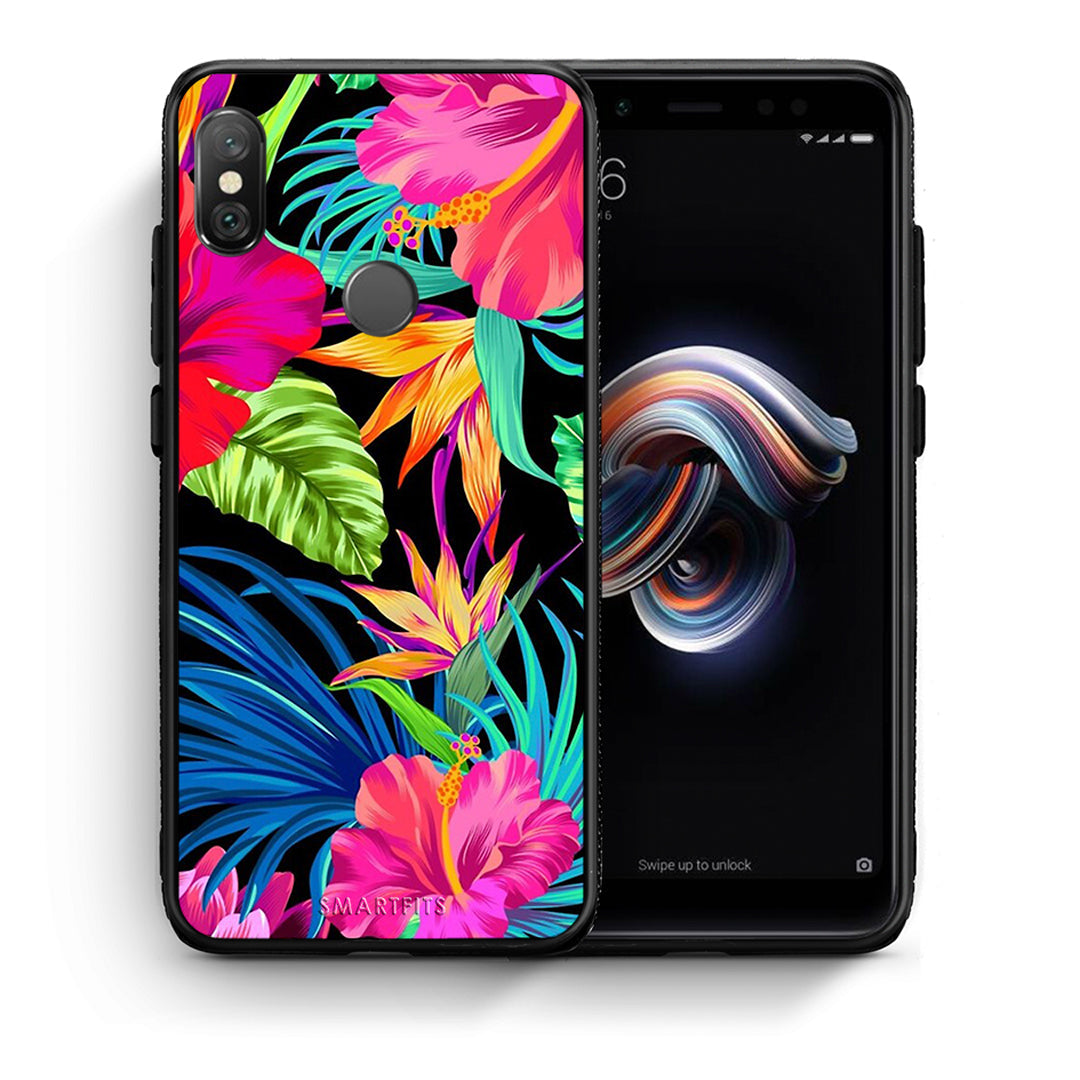 Θήκη Xiaomi Redmi Note 5 Tropical Flowers από τη Smartfits με σχέδιο στο πίσω μέρος και μαύρο περίβλημα | Xiaomi Redmi Note 5 Tropical Flowers case with colorful back and black bezels