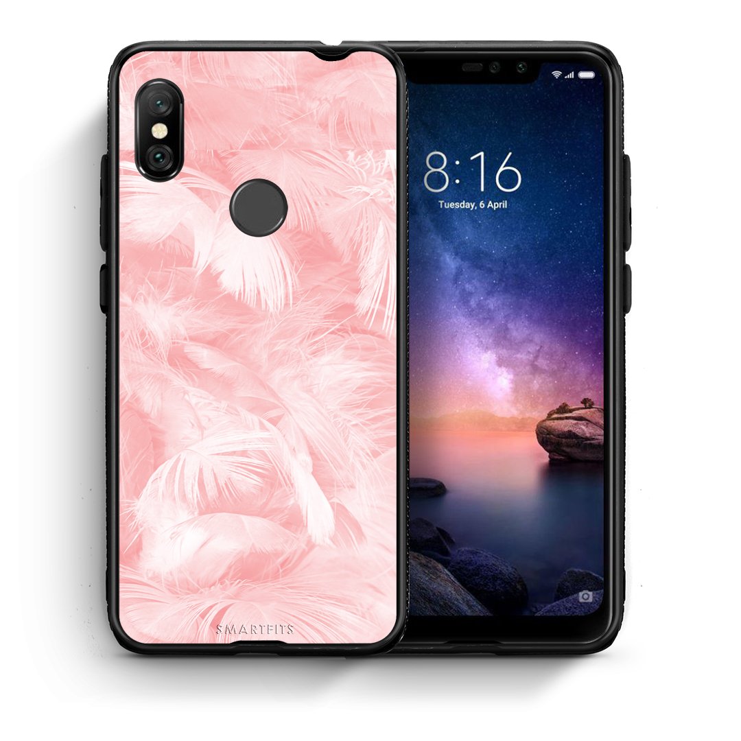 Θήκη Xiaomi Redmi Note 6 Pro Pink Feather Boho από τη Smartfits με σχέδιο στο πίσω μέρος και μαύρο περίβλημα | Xiaomi Redmi Note 6 Pro Pink Feather Boho case with colorful back and black bezels