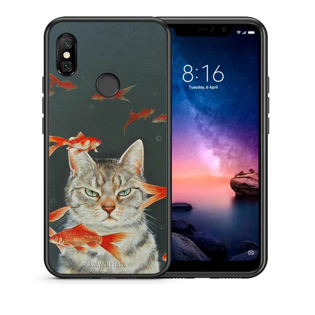 Θήκη Xiaomi Redmi Note 6 Pro Cat Goldfish από τη Smartfits με σχέδιο στο πίσω μέρος και μαύρο περίβλημα | Xiaomi Redmi Note 6 Pro Cat Goldfish case with colorful back and black bezels
