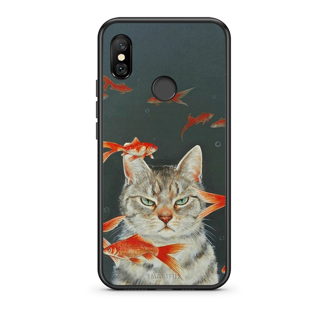 Xiaomi Redmi Note 6 Pro Cat Goldfish θήκη από τη Smartfits με σχέδιο στο πίσω μέρος και μαύρο περίβλημα | Smartphone case with colorful back and black bezels by Smartfits