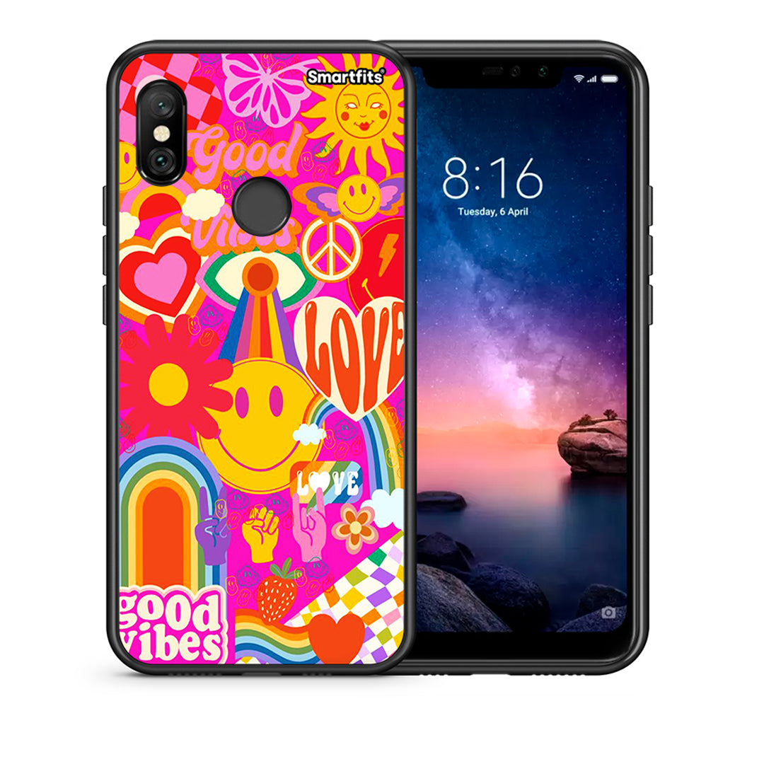 Θήκη Xiaomi Redmi Note 6 Pro Hippie Love από τη Smartfits με σχέδιο στο πίσω μέρος και μαύρο περίβλημα | Xiaomi Redmi Note 6 Pro Hippie Love case with colorful back and black bezels