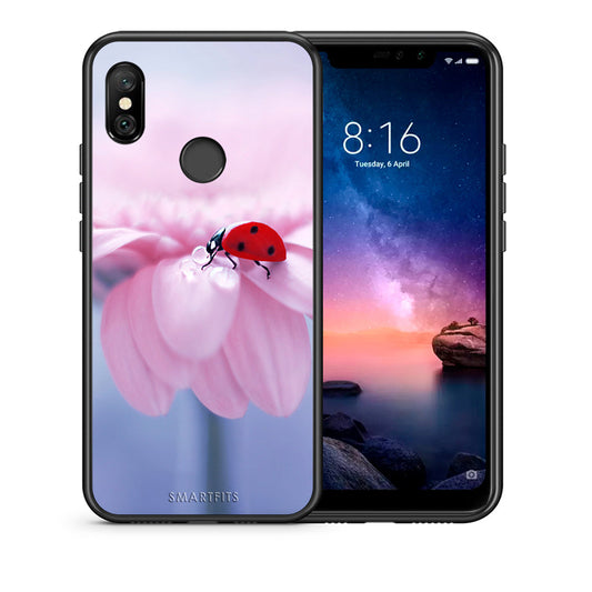 Θήκη Xiaomi Redmi Note 6 Pro Ladybug Flower από τη Smartfits με σχέδιο στο πίσω μέρος και μαύρο περίβλημα | Xiaomi Redmi Note 6 Pro Ladybug Flower case with colorful back and black bezels