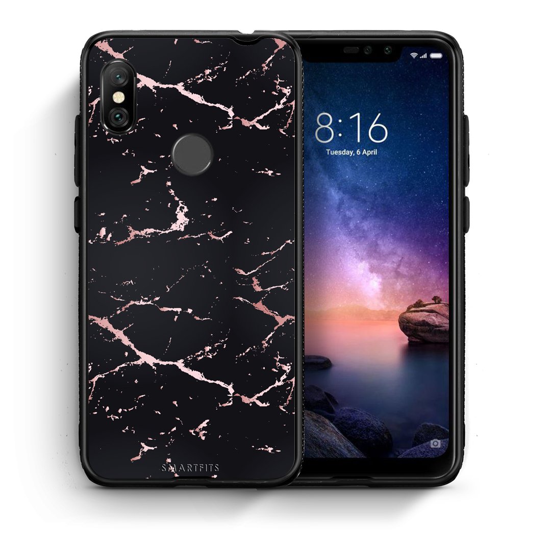 Θήκη Xiaomi Redmi Note 6 Pro Black Rosegold Marble από τη Smartfits με σχέδιο στο πίσω μέρος και μαύρο περίβλημα | Xiaomi Redmi Note 6 Pro Black Rosegold Marble case with colorful back and black bezels