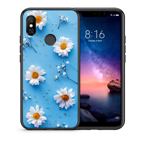 Θήκη Xiaomi Redmi Note 6 Pro Real Daisies από τη Smartfits με σχέδιο στο πίσω μέρος και μαύρο περίβλημα | Xiaomi Redmi Note 6 Pro Real Daisies case with colorful back and black bezels