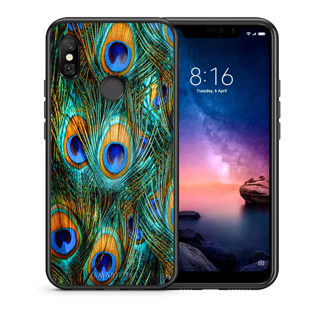 Θήκη Xiaomi Redmi Note 6 Pro Real Peacock Feathers από τη Smartfits με σχέδιο στο πίσω μέρος και μαύρο περίβλημα | Xiaomi Redmi Note 6 Pro Real Peacock Feathers case with colorful back and black bezels