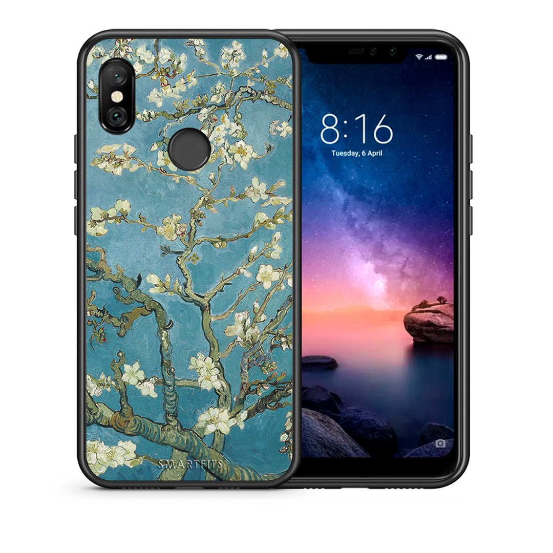 Θήκη Xiaomi Redmi Note 6 Pro White Blossoms από τη Smartfits με σχέδιο στο πίσω μέρος και μαύρο περίβλημα | Xiaomi Redmi Note 6 Pro White Blossoms case with colorful back and black bezels