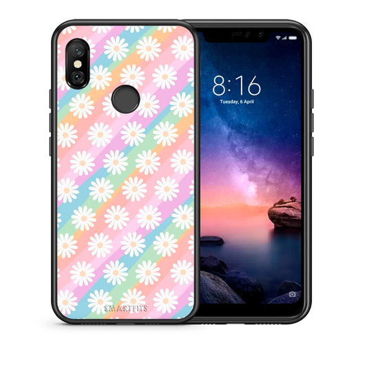 Θήκη Xiaomi Redmi Note 6 Pro White Daisies από τη Smartfits με σχέδιο στο πίσω μέρος και μαύρο περίβλημα | Xiaomi Redmi Note 6 Pro White Daisies case with colorful back and black bezels