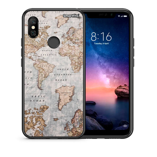 Θήκη Xiaomi Redmi Note 6 Pro World Map από τη Smartfits με σχέδιο στο πίσω μέρος και μαύρο περίβλημα | Xiaomi Redmi Note 6 Pro World Map case with colorful back and black bezels