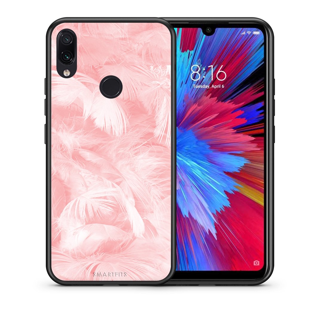 Θήκη Xiaomi Redmi Note 7 Pink Feather Boho από τη Smartfits με σχέδιο στο πίσω μέρος και μαύρο περίβλημα | Xiaomi Redmi Note 7 Pink Feather Boho case with colorful back and black bezels