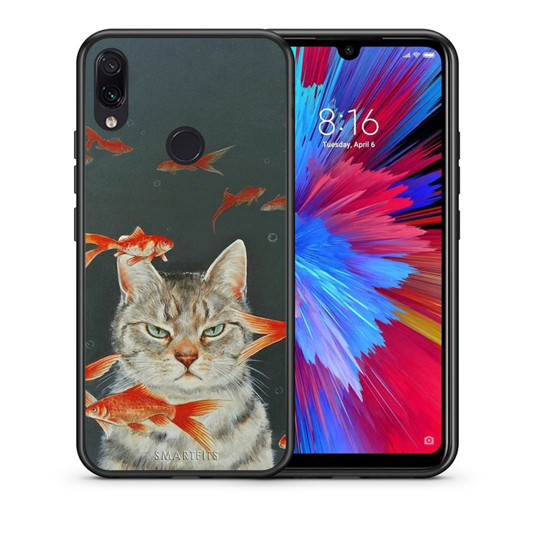 Θήκη Xiaomi Redmi Note 7 Cat Goldfish από τη Smartfits με σχέδιο στο πίσω μέρος και μαύρο περίβλημα | Xiaomi Redmi Note 7 Cat Goldfish case with colorful back and black bezels
