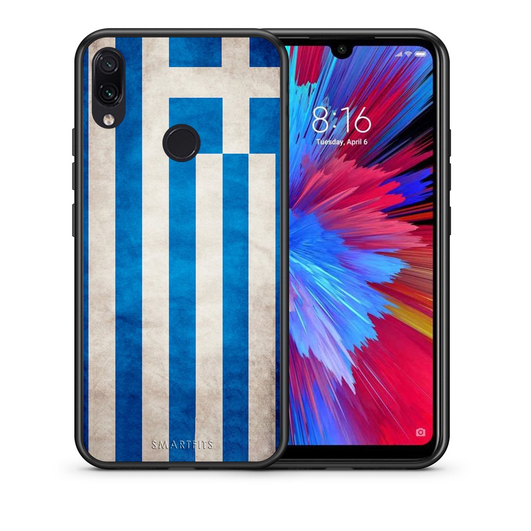 Θήκη Xiaomi Redmi Note 7 Greek Flag από τη Smartfits με σχέδιο στο πίσω μέρος και μαύρο περίβλημα | Xiaomi Redmi Note 7 Greek Flag case with colorful back and black bezels