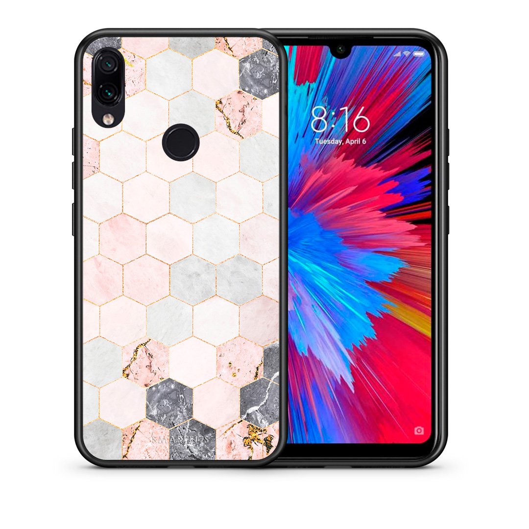 Θήκη Xiaomi Redmi Note 7 Hexagon Pink Marble από τη Smartfits με σχέδιο στο πίσω μέρος και μαύρο περίβλημα | Xiaomi Redmi Note 7 Hexagon Pink Marble case with colorful back and black bezels