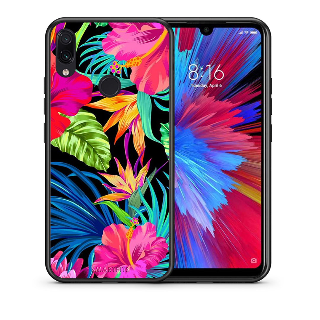 Θήκη Xiaomi Redmi Note 7 Tropical Flowers από τη Smartfits με σχέδιο στο πίσω μέρος και μαύρο περίβλημα | Xiaomi Redmi Note 7 Tropical Flowers case with colorful back and black bezels