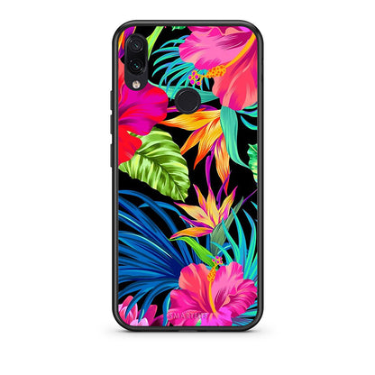 Xiaomi Redmi Note 7 Tropical Flowers θήκη από τη Smartfits με σχέδιο στο πίσω μέρος και μαύρο περίβλημα | Smartphone case with colorful back and black bezels by Smartfits