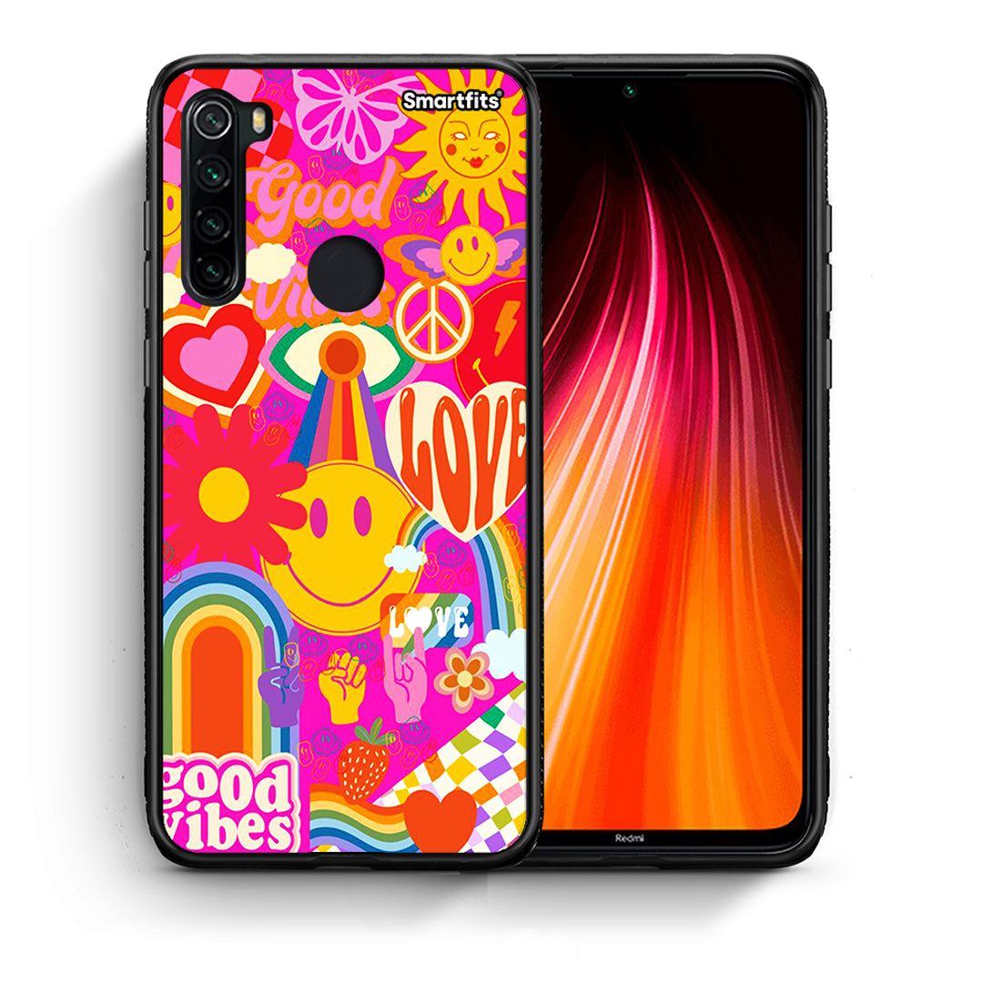 Θήκη Xiaomi Redmi Note 8 Hippie Love από τη Smartfits με σχέδιο στο πίσω μέρος και μαύρο περίβλημα | Xiaomi Redmi Note 8 Hippie Love case with colorful back and black bezels