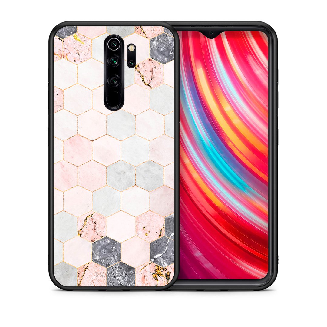 Θήκη Xiaomi Redmi Note 8 Pro Hexagon Pink Marble από τη Smartfits με σχέδιο στο πίσω μέρος και μαύρο περίβλημα | Xiaomi Redmi Note 8 Pro Hexagon Pink Marble case with colorful back and black bezels