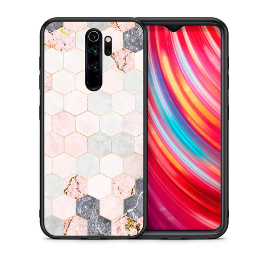 Θήκη Xiaomi Redmi Note 8 Pro Hexagon Pink Marble από τη Smartfits με σχέδιο στο πίσω μέρος και μαύρο περίβλημα | Xiaomi Redmi Note 8 Pro Hexagon Pink Marble case with colorful back and black bezels