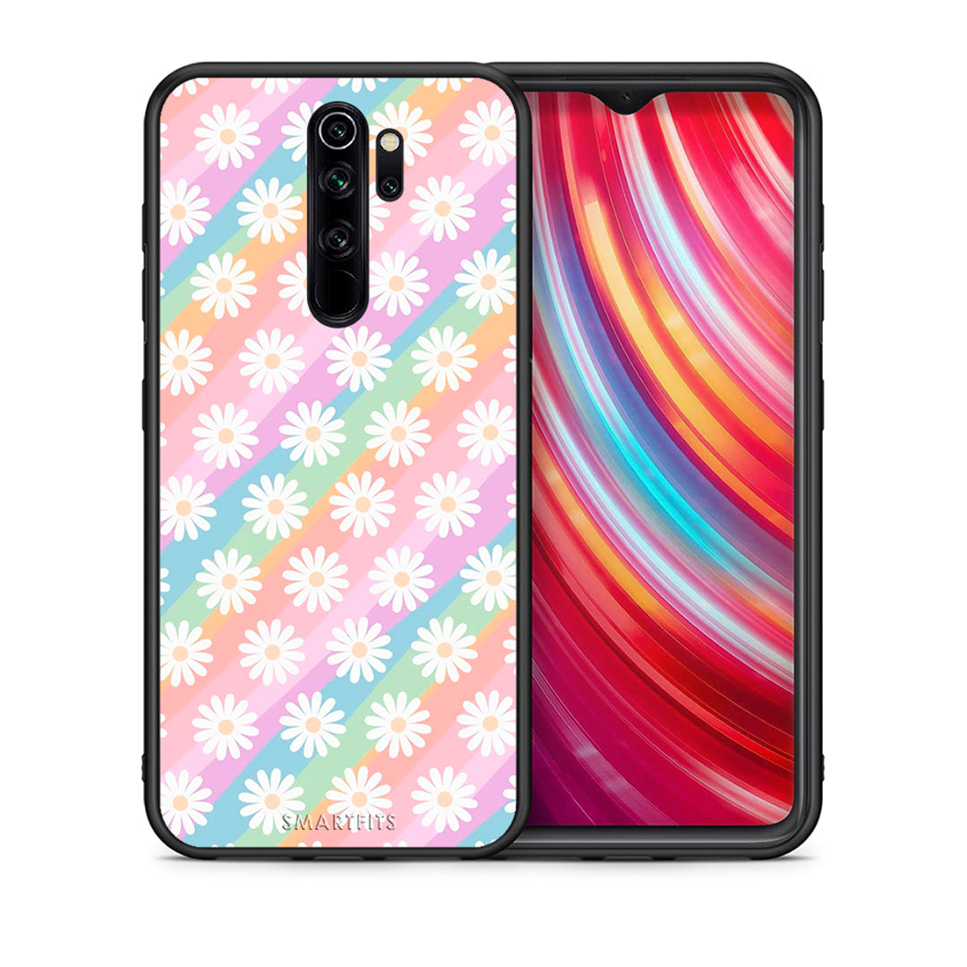 Θήκη Xiaomi Redmi Note 8 Pro White Daisies από τη Smartfits με σχέδιο στο πίσω μέρος και μαύρο περίβλημα | Xiaomi Redmi Note 8 Pro White Daisies case with colorful back and black bezels