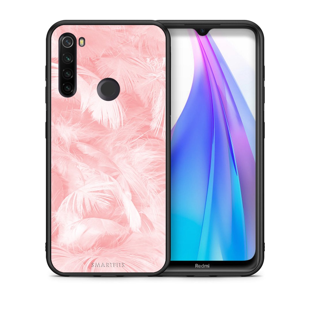 Θήκη Xiaomi Redmi Note 8T Pink Feather Boho από τη Smartfits με σχέδιο στο πίσω μέρος και μαύρο περίβλημα | Xiaomi Redmi Note 8T Pink Feather Boho case with colorful back and black bezels