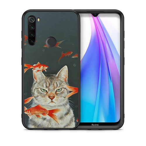 Θήκη Xiaomi Redmi Note 8T Cat Goldfish από τη Smartfits με σχέδιο στο πίσω μέρος και μαύρο περίβλημα | Xiaomi Redmi Note 8 Cat Goldfish case with colorful back and black bezels