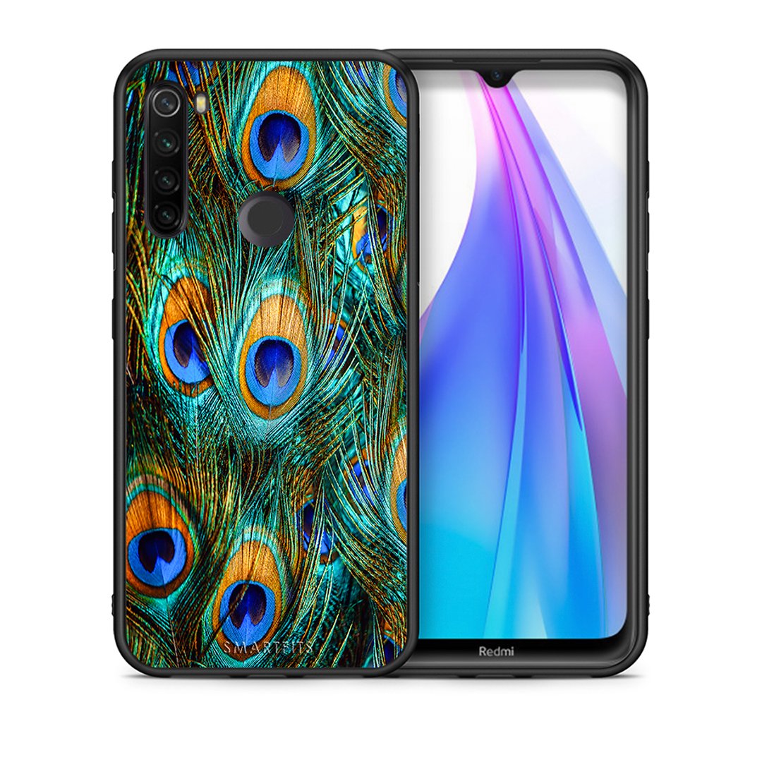 Θήκη Xiaomi Redmi Note 8T Real Peacock Feathers από τη Smartfits με σχέδιο στο πίσω μέρος και μαύρο περίβλημα | Xiaomi Redmi Note 8 Real Peacock Feathers case with colorful back and black bezels