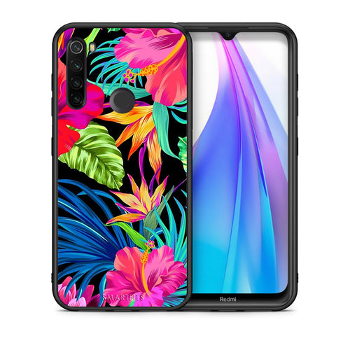 Θήκη Xiaomi Redmi Note 8T Tropical Flowers από τη Smartfits με σχέδιο στο πίσω μέρος και μαύρο περίβλημα | Xiaomi Redmi Note 8 Tropical Flowers case with colorful back and black bezels