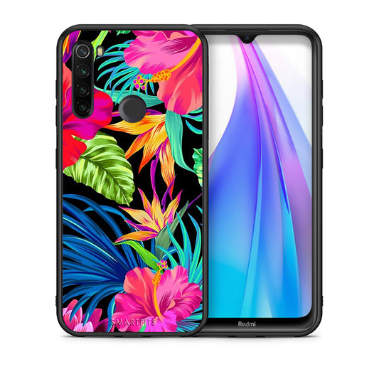 Θήκη Xiaomi Redmi Note 8T Tropical Flowers από τη Smartfits με σχέδιο στο πίσω μέρος και μαύρο περίβλημα | Xiaomi Redmi Note 8 Tropical Flowers case with colorful back and black bezels